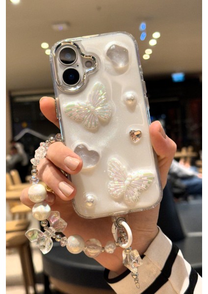 iPhone 16 Plus Uyumlu Lux Işıltılı Inci Charmlı Kelebekli Kılıf
