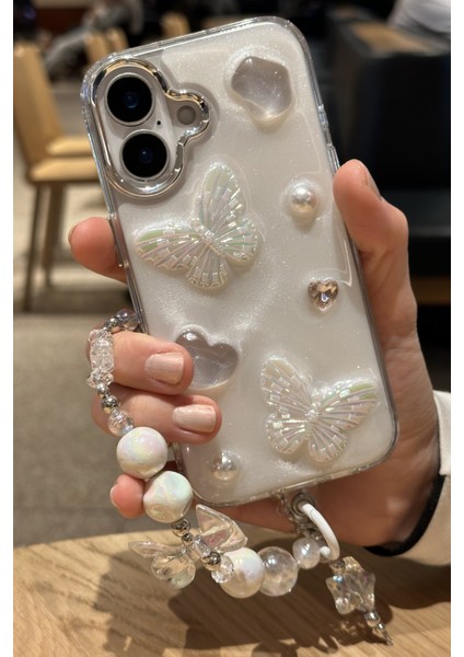 iPhone 16 Plus Uyumlu Lux Işıltılı Inci Charmlı Kelebekli Kılıf modelleri