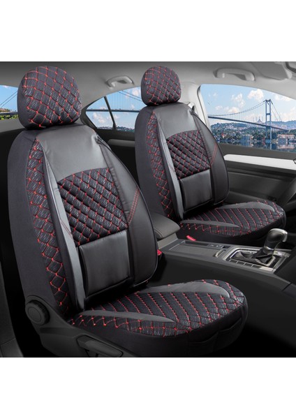 Bmw X1 Uyumlu Yarı Deri Oto Koltuk Kılıfı Ön Arka Set Alpine Model Siyah Kırmızı Sc