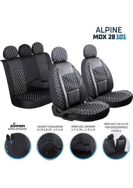 hyundai I10 Uyumlu Yarı Deri Oto Koltuk Kılıfı Ön Arka Set Alpine Model Siyah Beyaz Sc