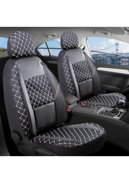 kia Ceed Yeni Uyumlu Yarı Deri Oto Koltuk Kılıfı Ön Arka Set Alpine Model Siyah Beyaz Sc