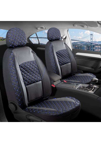 Bmw X3 Uyumlu Yarı Deri Oto Koltuk Kılıfı Ön Arka Set Alpine Model Siyah Mavi Sc