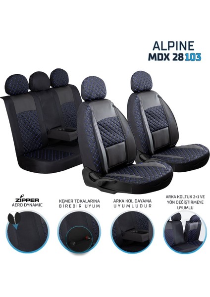 citroen C1 Uyumlu Yarı Deri Oto Koltuk Kılıfı Ön Arka Set Alpine Model Siyah Mavi Sc