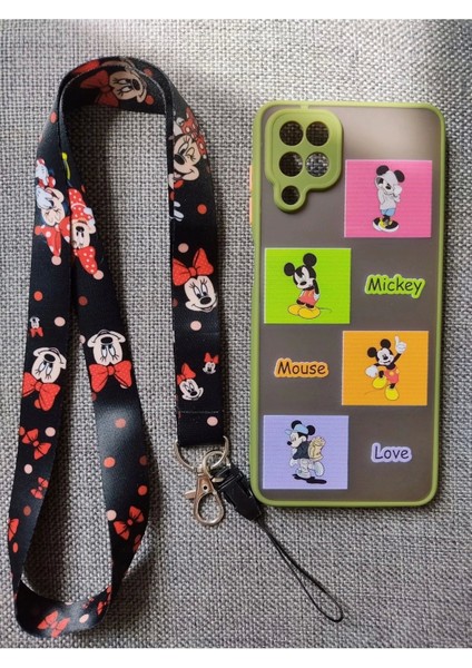 Samsung Galaxy A12 Mickey Mouse Tasarım Tuşları Renkli Telefon Boyun Askılı Set Kılıf