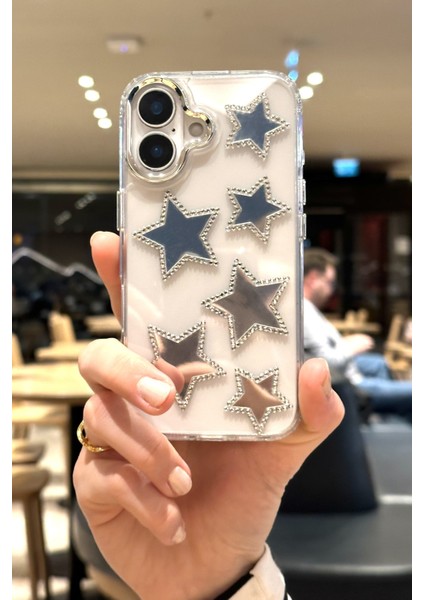 iPhone 16 Plus Uyumlu Aynalı Yıldızlı Taşlı Şeffaf Kılıf