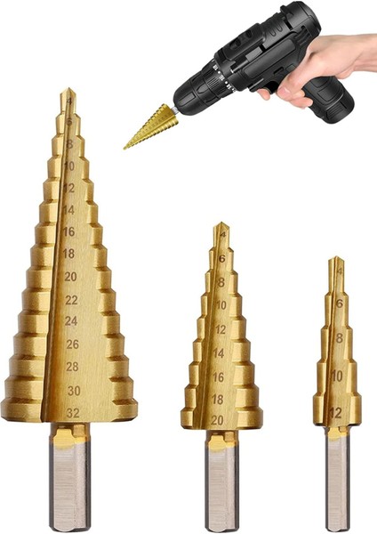 Tekno Trust 4-12 mm 4-20 mm 4-32 mm Aralığında Kademeli Delme Yapabilen 3'lü Panç Seti Demir Boru Sac Delme Seti