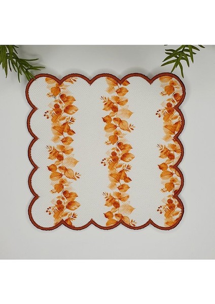 Sonbahar Şerit Yaprak Desenli Etrafı Nakışlı Kumaş Kokteyl Peçetesi 1 Adet