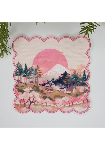 Pembe Güneş ve Japon Manzara Desenli Etrafı Nakışlı Dijital Baskılı Kumaş Kokteyl Peçetesi 1 Adet