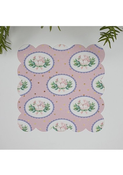 Pudra Zemin Çiçek Buketleri ve Puan Desenli Dijital Baskılı Kumaş Kokteyl Peçetesi 1 Adet