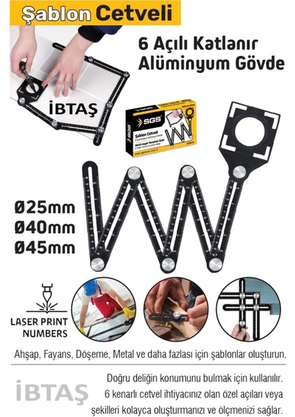 Alüminyum Şablon Cetveli 6 Açılı, 2 Yıl Garanti, CN Menşei, Hassas Ölçüm Aracı