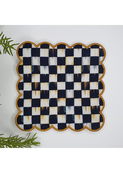 Eskitme Dama Desenli Etrafı Nakışlı Dijital Baskılı Kumaş Kokteyl Peçetesi 1 Adet