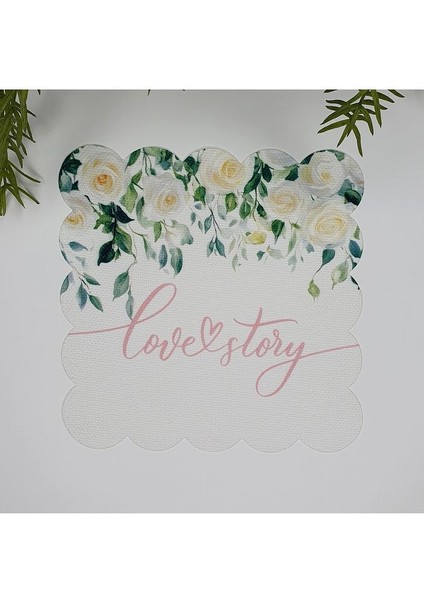 Beyaz Gül ve Aşk Hikayesi Slogan Desenli Dijital Baskılı Kumaş Kokteyl Peçetesi 1 Adet