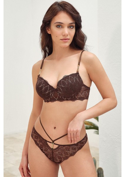 Aria's Closet Balenli Destekli Dolgulu Askı Detaylı Dantelli Sütyen ve Slip Takım