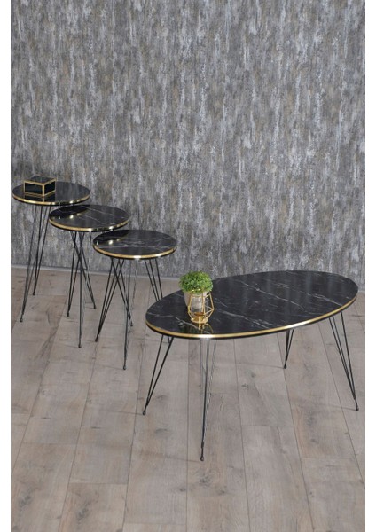 Zigon Sehpa ve Orta Sehpa Elips Set Siyah Tel Ayak Çift Altın Bendir