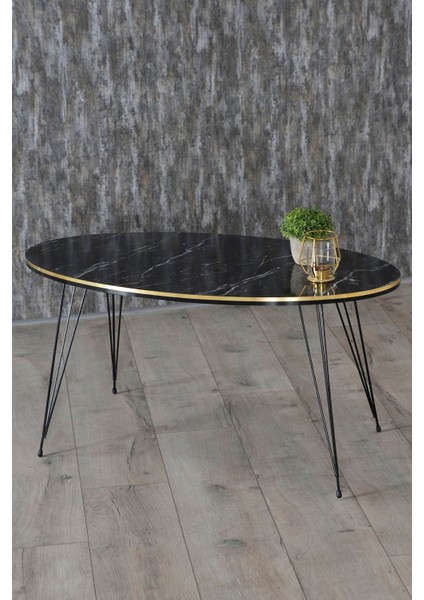 Zigon Sehpa ve Orta Sehpa Elips Set Siyah Tel Ayak Çift Altın Bendir fiyatları