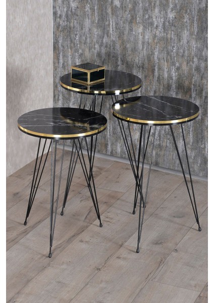 Zigon Sehpa ve Orta Sehpa Elips Set Siyah Tel Ayak Çift Altın Bendir modelleri