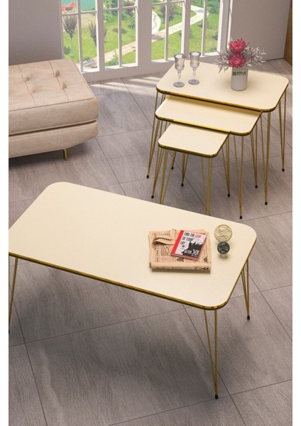 Zigon Sehpa Kr ve Orta Sehpa Kr Set Çift Gold Krem Tel 1114