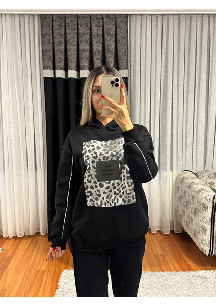Leopar Detay Kapüşonlü Sweatshirt Siyah