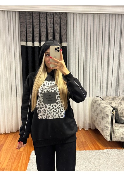 Leopar Detay Kapüşonlü Sweatshirt Siyah