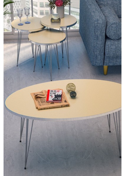 Zigon Sehpa ve Orta Sehpa Elips Set Gümüş Krem Tel