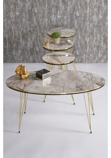 Zigon Sehpa ve Orta Sehpa Elips Set Çift Gold Efes Tel