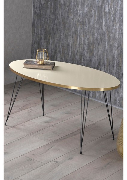 Zigon Sehpa ve Orta Sehpa Elips Set Siyah Tel Ayak Altın Krem modelleri