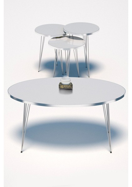 Zigon Sehpa Ve Orta Sehpa Elips Set Gümüş Beyaz Tel