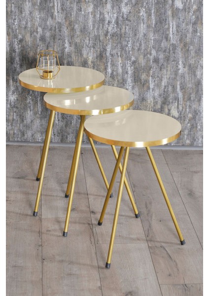 Zigon Sehpa ve Orta Sehpa Elips Gold Metal Ayak Gold Krem Set