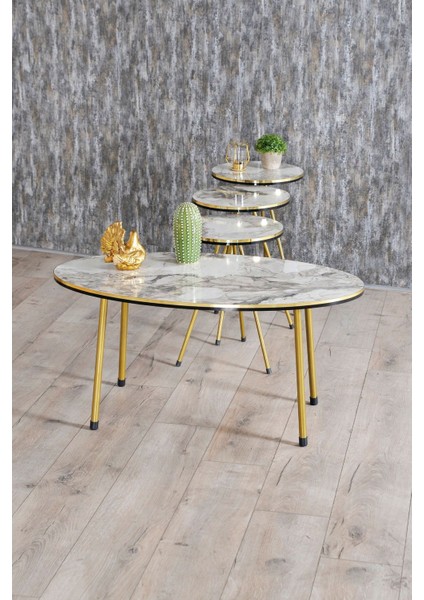 Zigon Sehpa Ve Orta Sehpa Elips Set Çift Gold Efes Metal