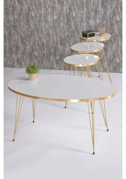 Zigon Sehpa ve Orta Sehpa Beyaz Elips Set Tel Ayak Gold