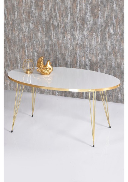 Zigon Sehpa ve Orta Sehpa Beyaz Elips Set Tel Ayak Gold fırsatları