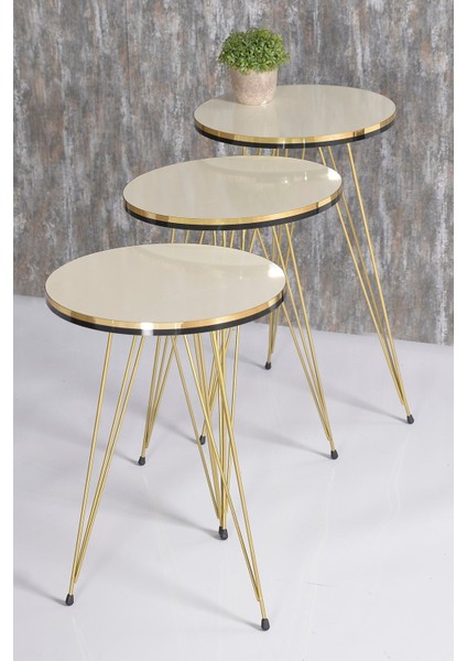 Zigon Sehpa Ve Orta Sehpa Elips Set Çift Gold Krem Tel Ayak fırsatları