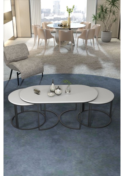 Orta Sehpa Zigon Sehpa Yan Sehpa 3 Lü Set Dolunay Beyaz