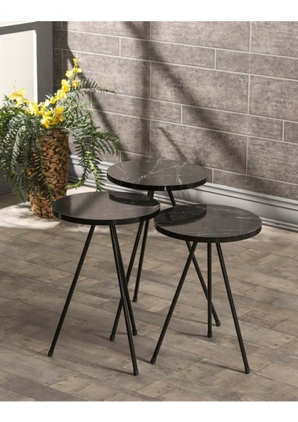 Zigon Sehpa ve Orta Sehpa Set Metal Elips Siyah Mermer Desen fiyatları