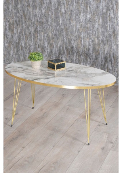 Zigon Sehpa ve Orta Sehpa Elips Set Gold Efes Tel