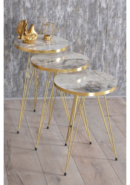 Zigon Sehpa ve Orta Sehpa Elips Set Gold Efes Tel