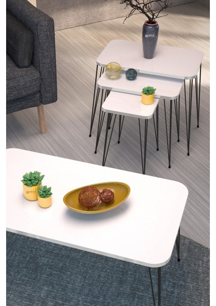 Zigon Sehpa Kr ve Orta Sehpa Kr Set Siyah Ayak Beyaz Tel 1102