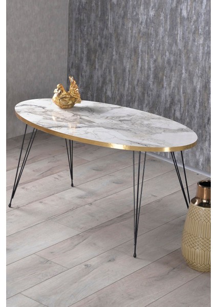 Orta Sehpa Elips Siyah Tel Ayak Altın Efes