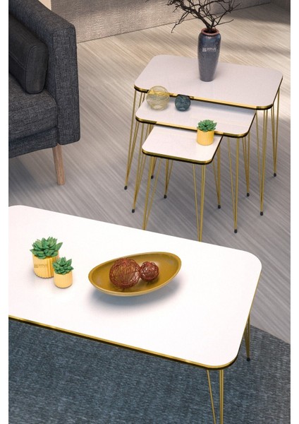 Zigon Sehpa Kr ve Orta Sehpa Kr Set Çift Gold Beyaz Tel 1111 fırsatları