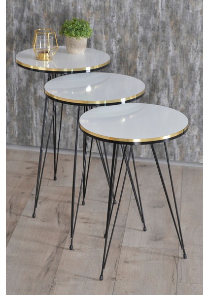 Zigon Sehpa ve Orta Sehpa Elips Set Siyah Tel Ayak Çift Altın Beyaz fırsatları