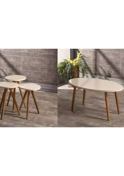 Zigon Sehpa ve Orta Sehpa Set Ahşap Torna Elips Krem