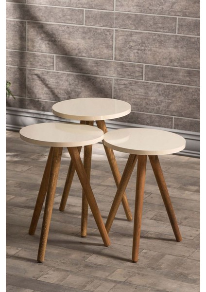 Zigon Sehpa ve Orta Sehpa Set Ahşap Torna Elips Krem