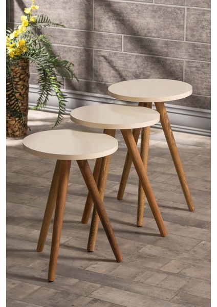 Zigon Sehpa ve Orta Sehpa Set Ahşap Torna Elips Krem