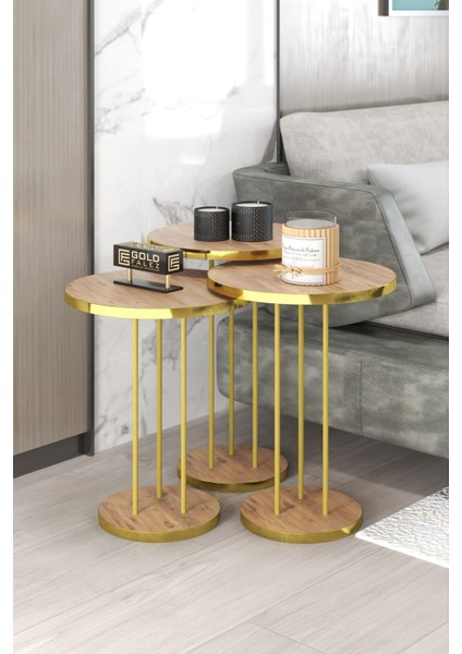 Orta Sehpa ve Zigon Sehpa Terra Set Gold Ceviz