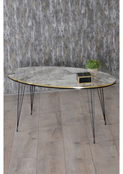 Zigon Sehpa ve Orta Sehpa Elips Set Siyah Tel Ayak Çift Altın Efes