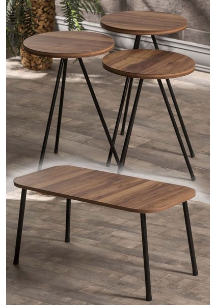 Zigon Sehpa ve Orta Sehpa Set Kr Metal Ceviz