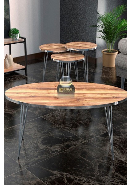 Zigon Sehpa Ve Orta Sehpa Elips Set Gümüş Ceviz Tel