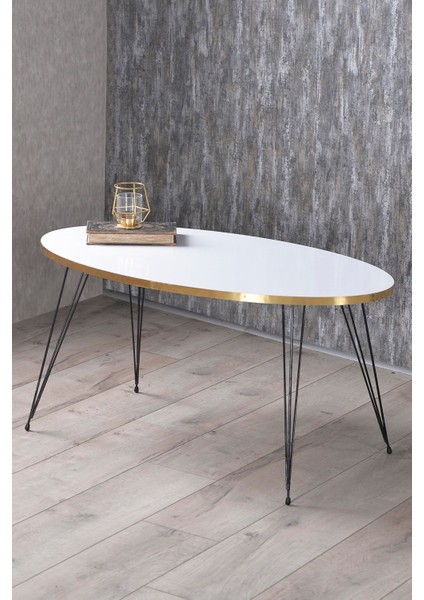 Zigon Sehpa Ve Orta Sehpa Elips Set Siyah Tel Ayak Altın Beyaz modelleri