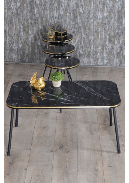 Zigon Sehpa Ve Orta Sehpa Kr Set Siyah Metal Ayak Çift Altın Bendir