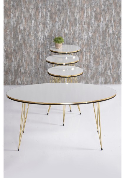 Zigon Sehpa ve Orta Sehpa Elips Set Çift Gold Beyaz Tel